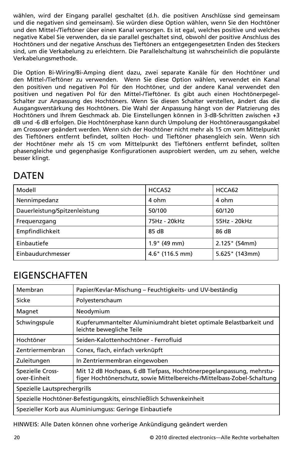 Daten, Eigenschaften | Orion Car Audio HCCA52 User Manual | Page 21 / 30
