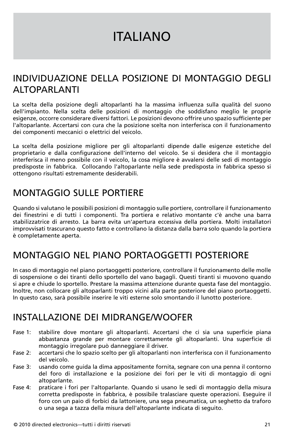 Italiano, Montaggio sulle portiere, Montaggio nel piano portaoggetti posteriore | Installazione dei midrange/woofer | Orion Car Audio HCCA52 User Manual | Page 22 / 30