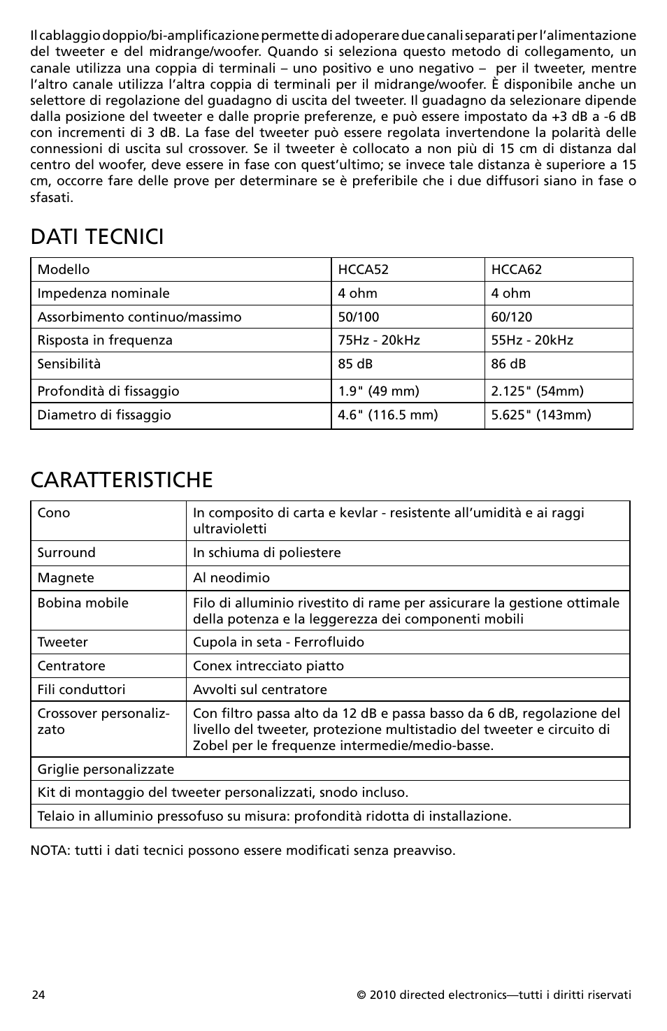 Dati tecnici, Caratteristiche | Orion Car Audio HCCA52 User Manual | Page 25 / 30