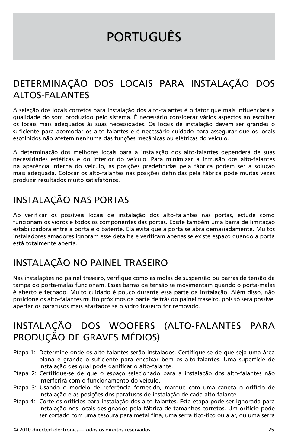 Português, Instalação nas portas, Instalação no painel traseiro | Orion Car Audio HCCA52 User Manual | Page 26 / 30