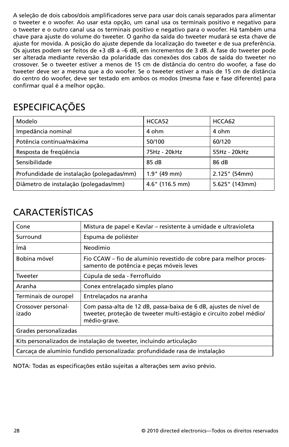 Especificações, Características | Orion Car Audio HCCA52 User Manual | Page 29 / 30