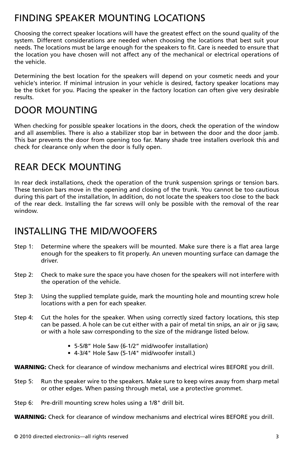 Finding speaker mounting locations, Door mounting, Rear deck mounting | Installing the mid/woofers | Orion Car Audio HCCA52 User Manual | Page 4 / 30