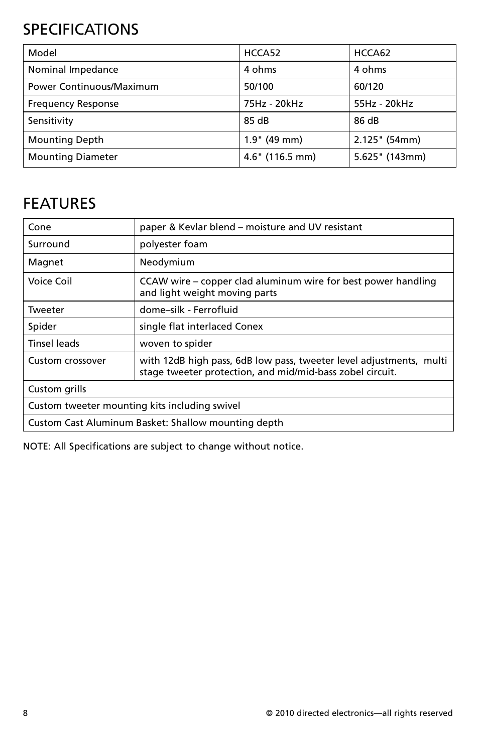 Specifications, Features | Orion Car Audio HCCA52 User Manual | Page 9 / 30