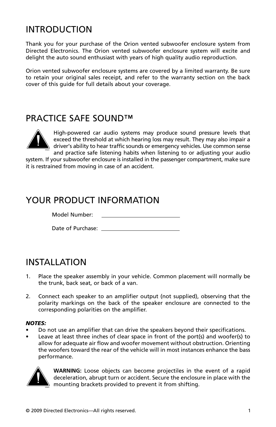 Introduction, Practice safe sound, Your product information | Installation | Orion Car Audio CO104SBX User Manual | Page 2 / 5