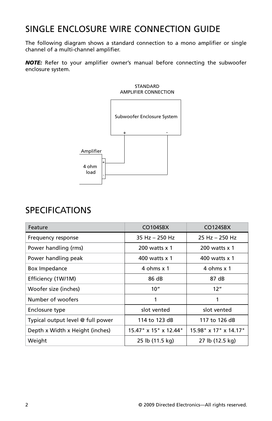 Single enclosure wire connection guide, Specifications | Orion Car Audio CO104SBX User Manual | Page 3 / 5