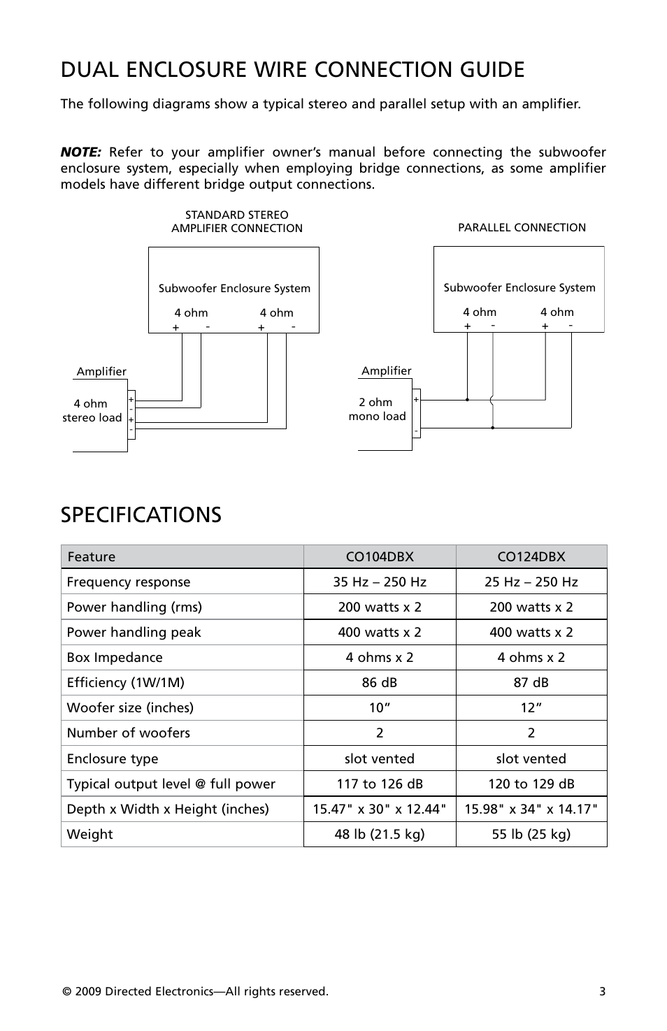 Dual enclosure wire connection guide, Specifications | Orion Car Audio CO104SBX User Manual | Page 4 / 5