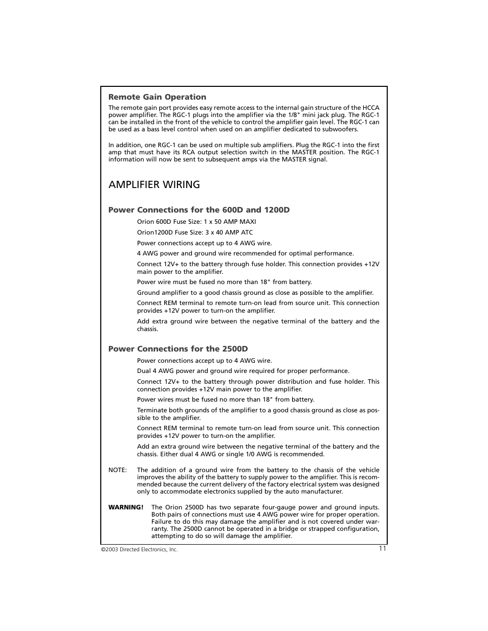Amplifier wiring, Remote gain operation, Power connections for the 2500d | Orion Car Audio 2500D User Manual | Page 12 / 22