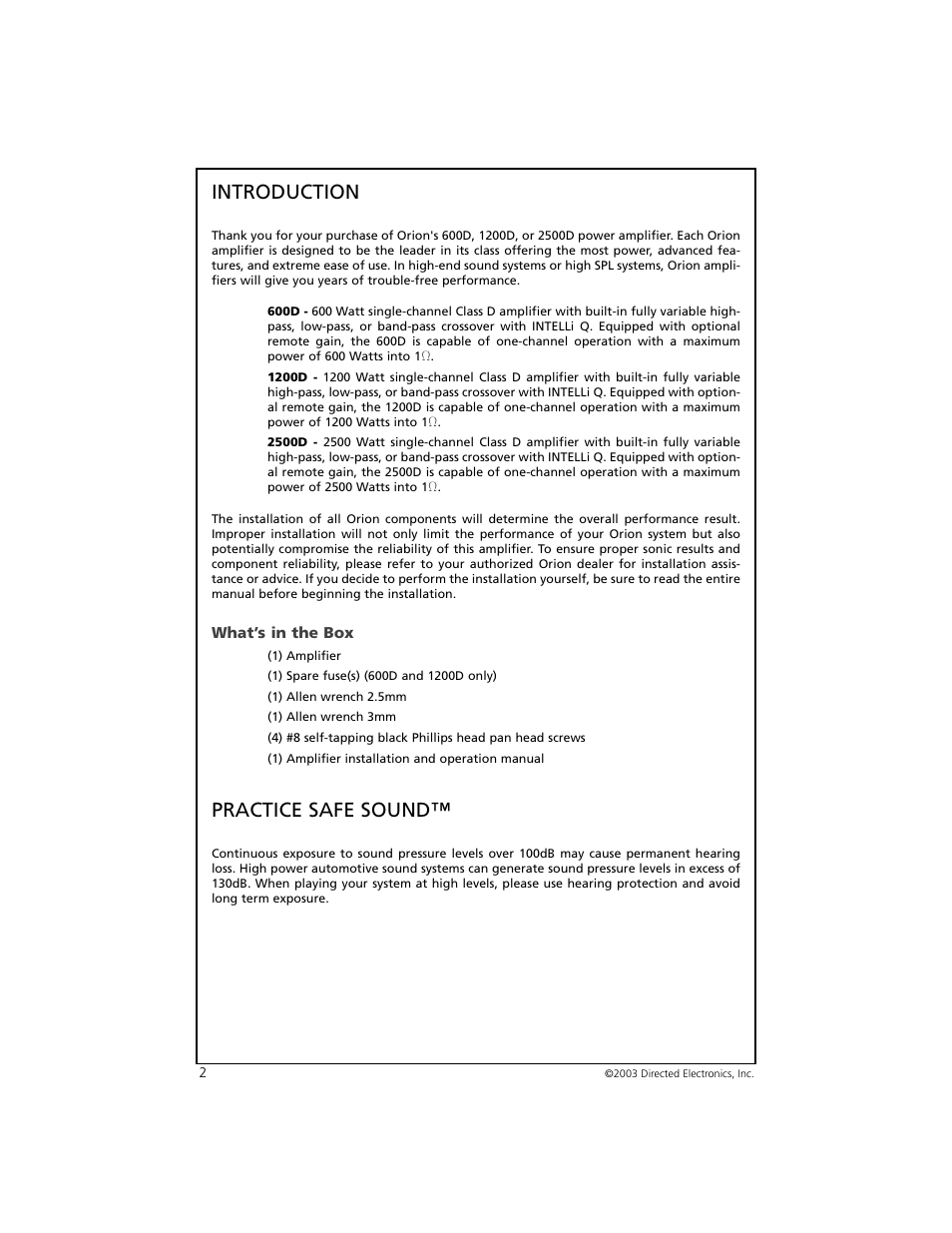 Introduction, Practice safe sound | Orion Car Audio 2500D User Manual | Page 3 / 22