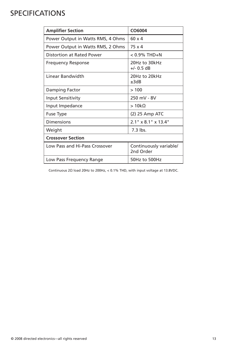 Specifications | Orion Car Audio CO6004 User Manual | Page 14 / 66