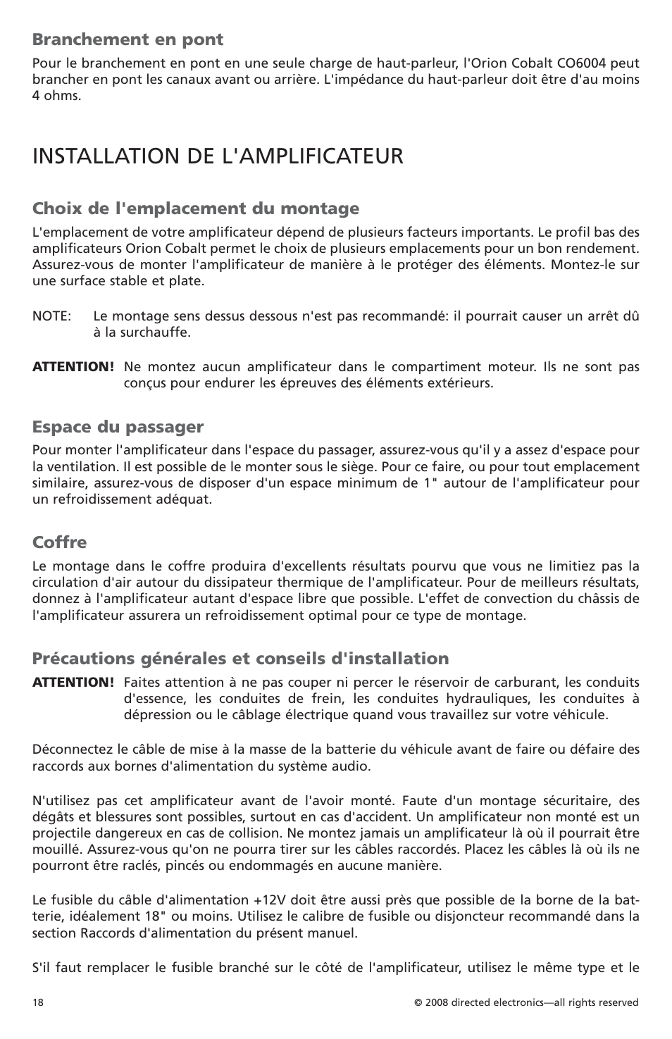 Installation de l'amplificateur, Branchement en pont, Choix de l'emplacement du montage | Espace du passager, Coffre, Précautions générales et conseils d'installation | Orion Car Audio CO6004 User Manual | Page 19 / 66
