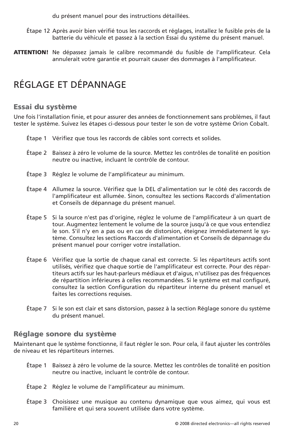 Réglage et dépannage, Essai du système, Réglage sonore du système | Orion Car Audio CO6004 User Manual | Page 21 / 66