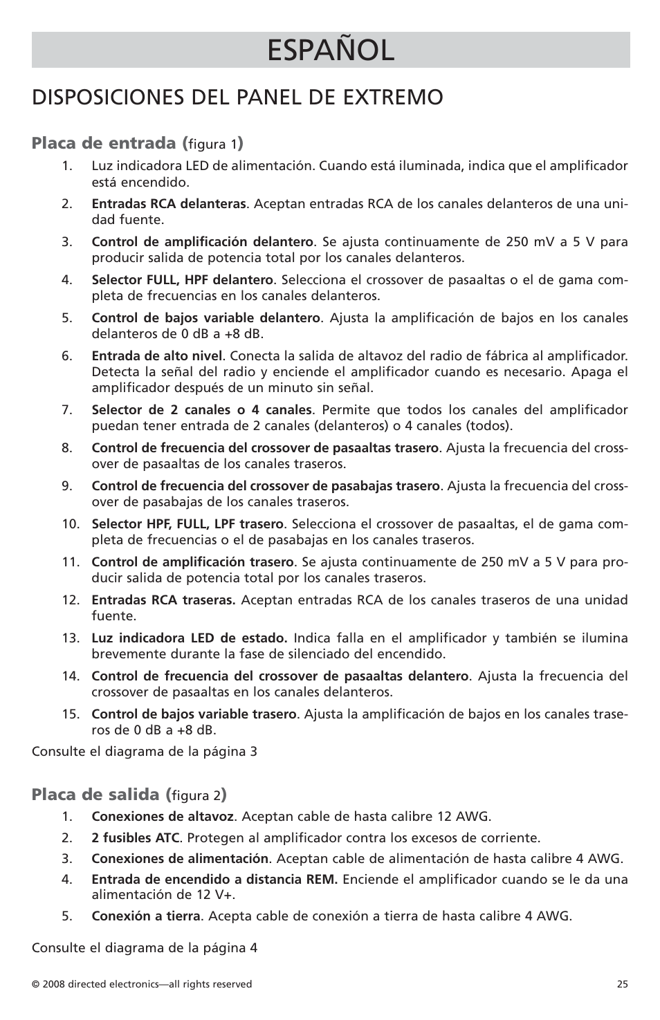 Español, Disposiciones del panel de extremo, Placa de entrada | Placa de salida | Orion Car Audio CO6004 User Manual | Page 26 / 66