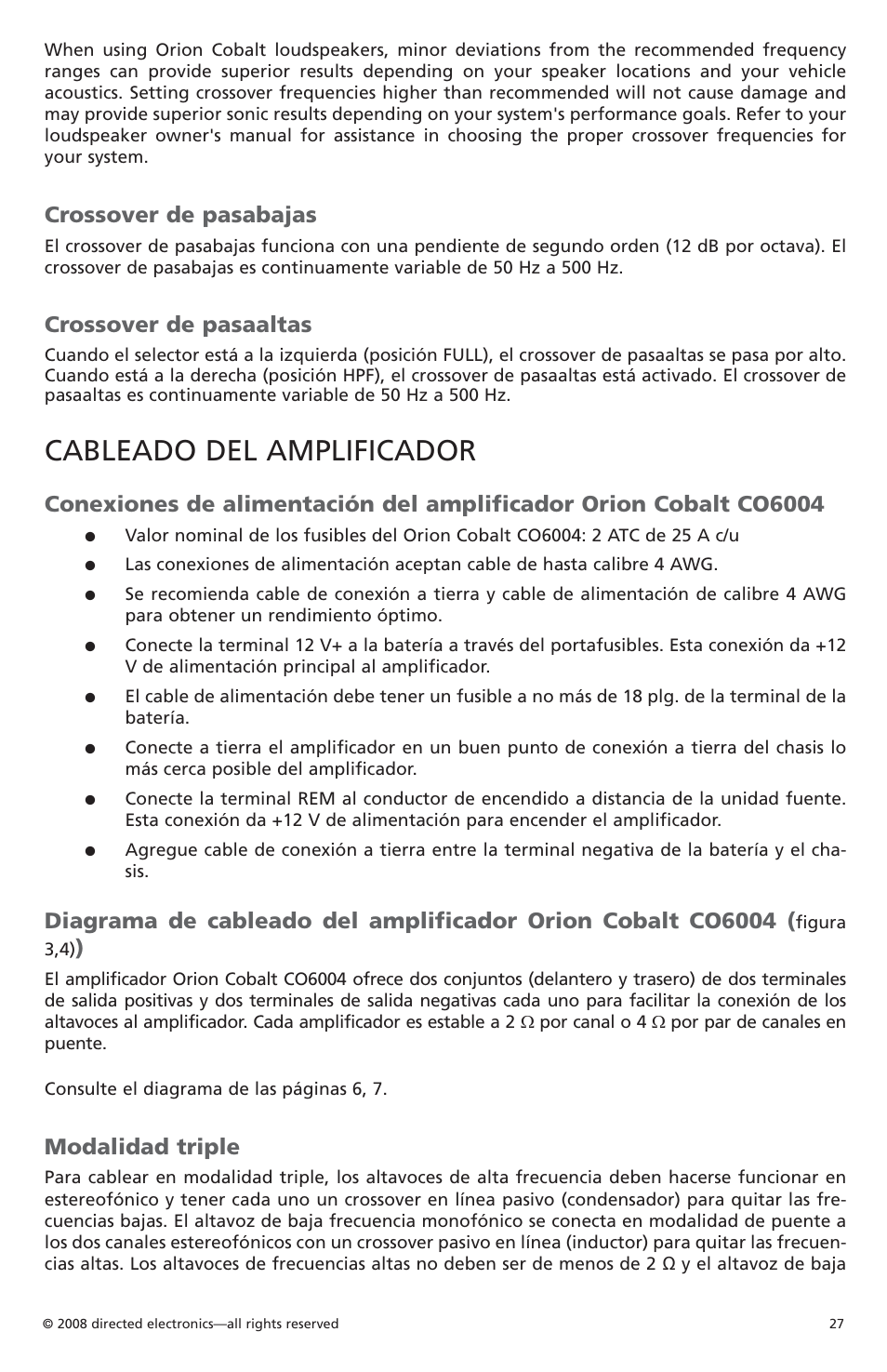 Cableado del amplificador, Crossover de pasabajas, Crossover de pasaaltas | Modalidad triple | Orion Car Audio CO6004 User Manual | Page 28 / 66