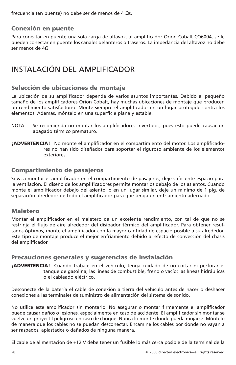 Instalación del amplificador, Conexión en puente, Selección de ubicaciones de montaje | Compartimiento de pasajeros, Maletero | Orion Car Audio CO6004 User Manual | Page 29 / 66