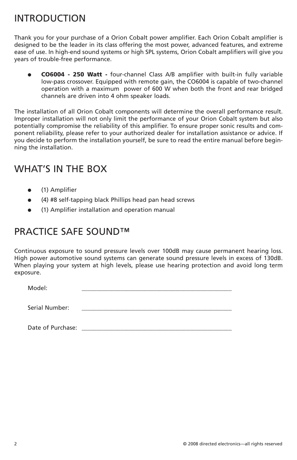 Introduction, What’s in the box, Practice safe sound | Orion Car Audio CO6004 User Manual | Page 3 / 66