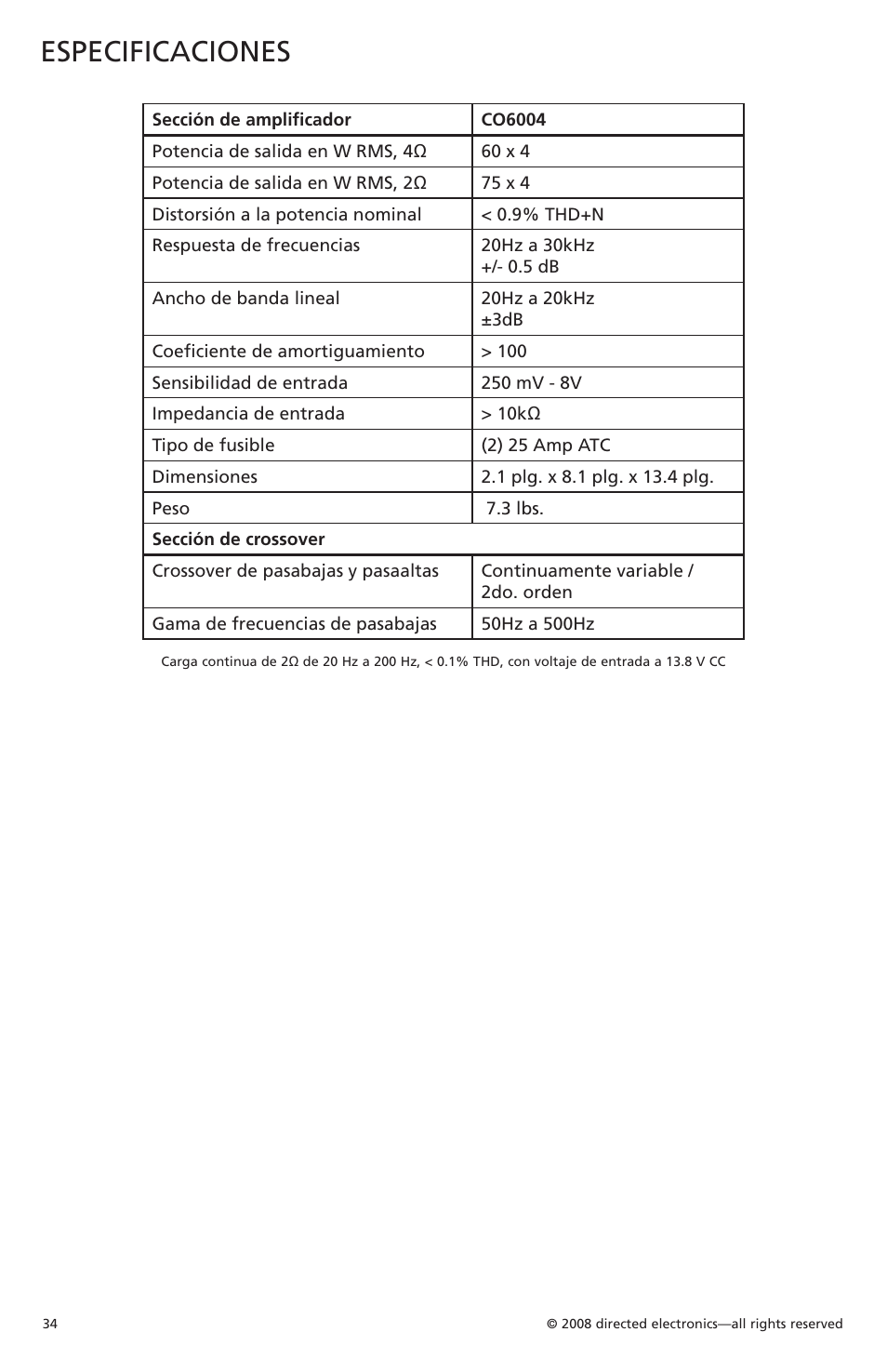 Especificaciones | Orion Car Audio CO6004 User Manual | Page 35 / 66