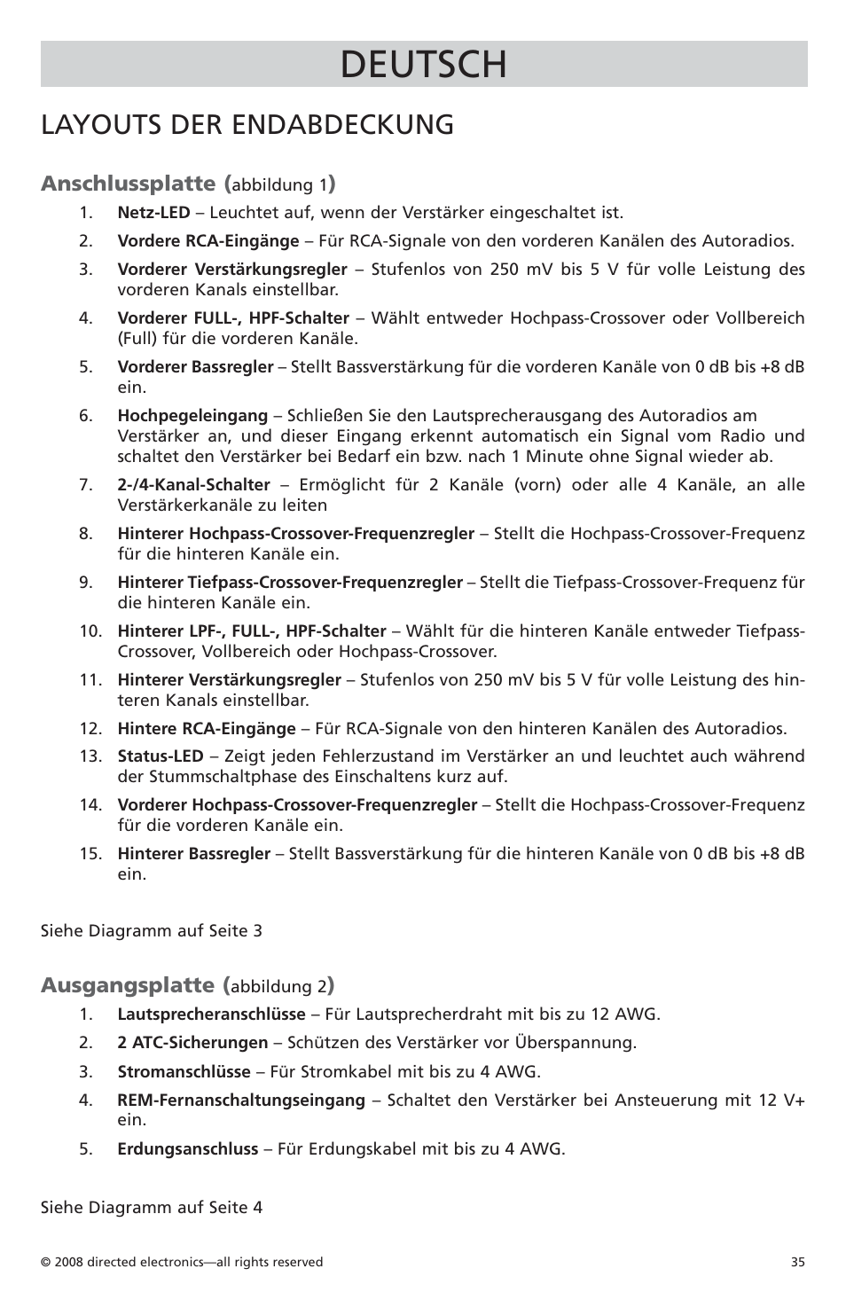 Deutsch, Layouts der endabdeckung, Anschlussplatte | Ausgangsplatte | Orion Car Audio CO6004 User Manual | Page 36 / 66