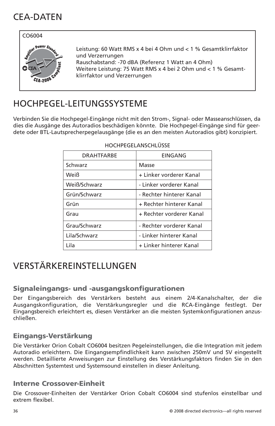 Cea-daten, Hochpegel-leitungssysteme, Verstärkereinstellungen | Signaleingangs- und -ausgangskonfigurationen, Eingangs-verstärkung, Interne crossover-einheit | Orion Car Audio CO6004 User Manual | Page 37 / 66