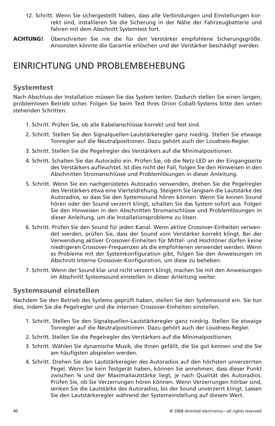 Einrichtung und problembehebung, Systemtest, Systemsound einstellen | Orion Car Audio CO6004 User Manual | Page 41 / 66