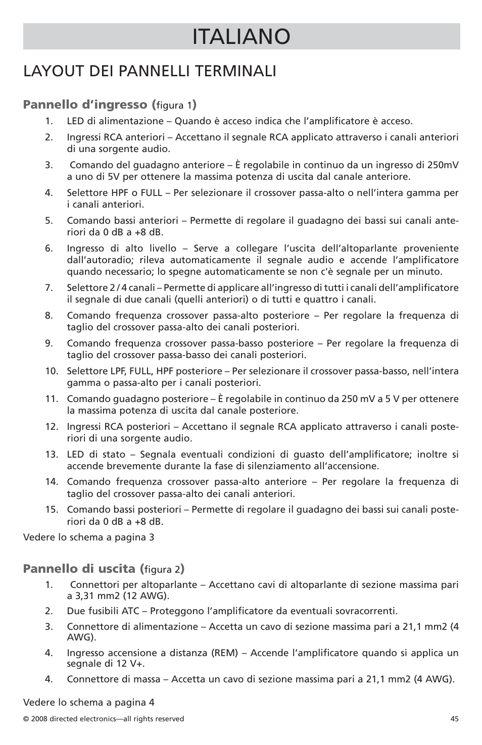 Italiano, Layout dei pannelli terminali, Pannello d’ingresso | Pannello di uscita | Orion Car Audio CO6004 User Manual | Page 46 / 66