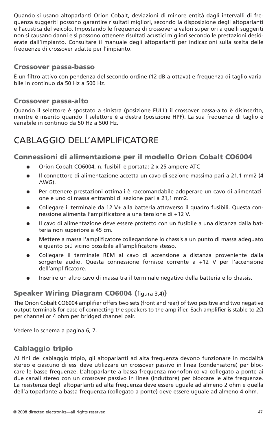 Cablaggio dell’amplificatore, Crossover passa-basso, Crossover passa-alto | Speaker wiring diagram co6004, Cablaggio triplo | Orion Car Audio CO6004 User Manual | Page 48 / 66