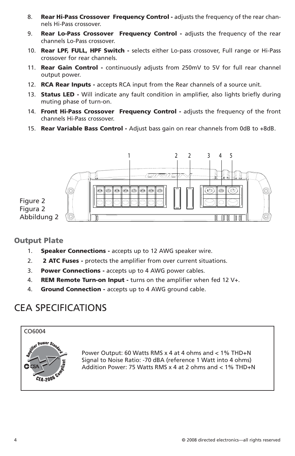 Cea specifications, Output plate | Orion Car Audio CO6004 User Manual | Page 5 / 66