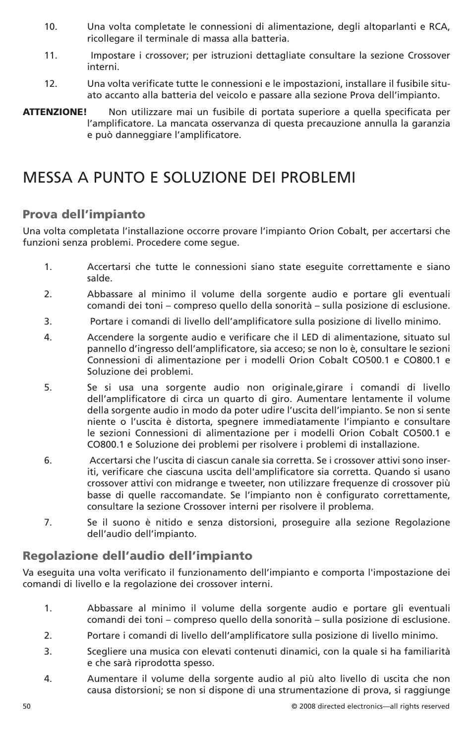 Messa a punto e soluzione dei problemi, Prova dell’impianto, Regolazione dell’audio dell’impianto | Orion Car Audio CO6004 User Manual | Page 51 / 66