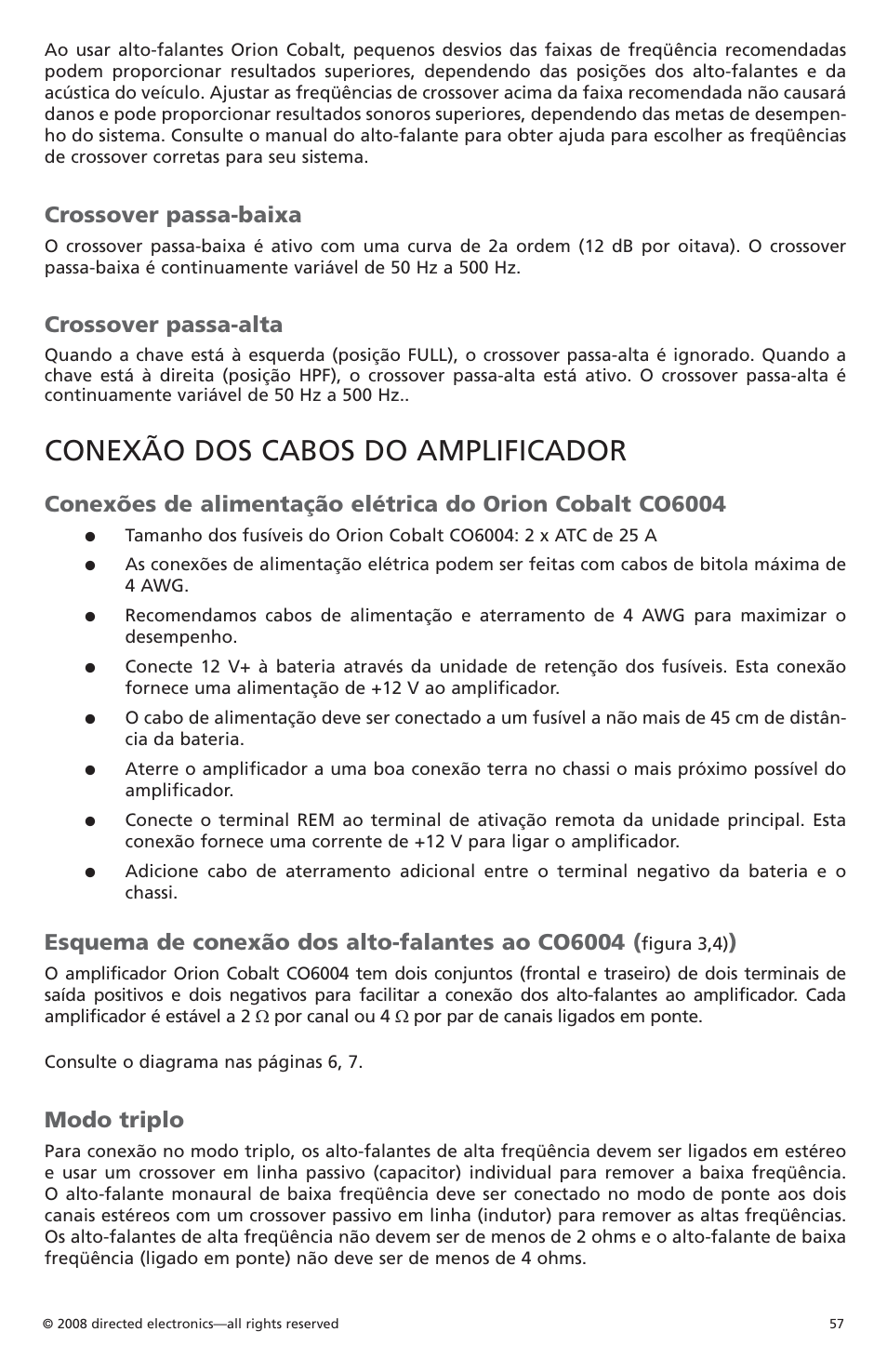 Conexão dos cabos do amplificador, Crossover passa-baixa, Crossover passa-alta | Esquema de conexão dos alto-falantes ao co6004, Modo triplo | Orion Car Audio CO6004 User Manual | Page 58 / 66