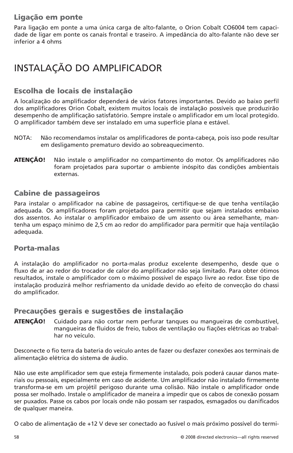 Instalação do amplificador, Ligação em ponte, Escolha de locais de instalação | Cabine de passageiros, Porta-malas, Precauções gerais e sugestões de instalação | Orion Car Audio CO6004 User Manual | Page 59 / 66