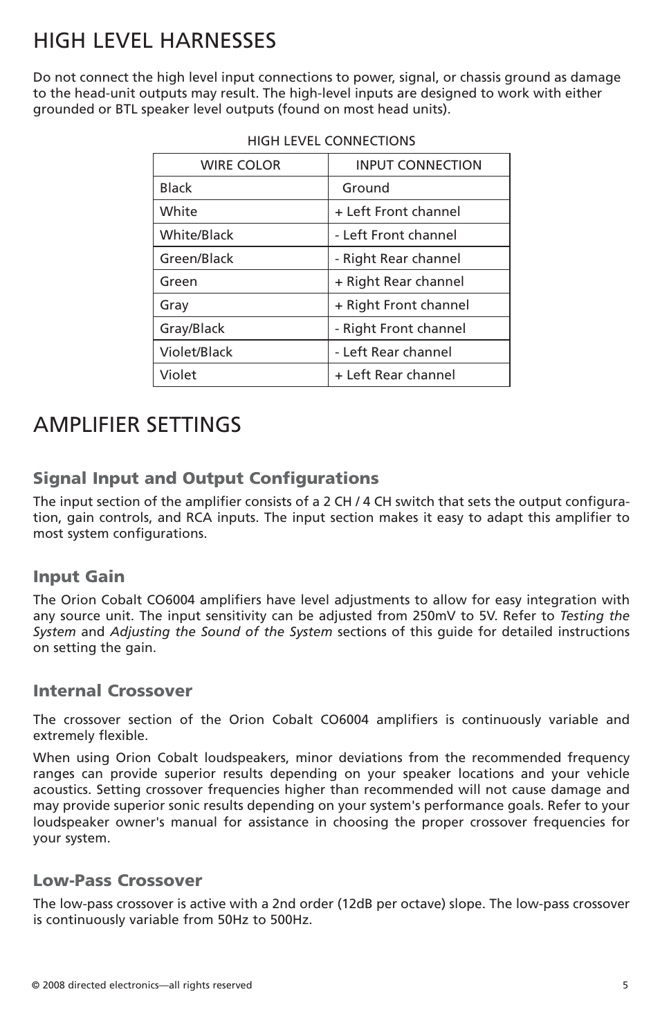 High level harnesses, Amplifier settings, Signal input and output configurations | Input gain, Internal crossover, Low-pass crossover | Orion Car Audio CO6004 User Manual | Page 6 / 66