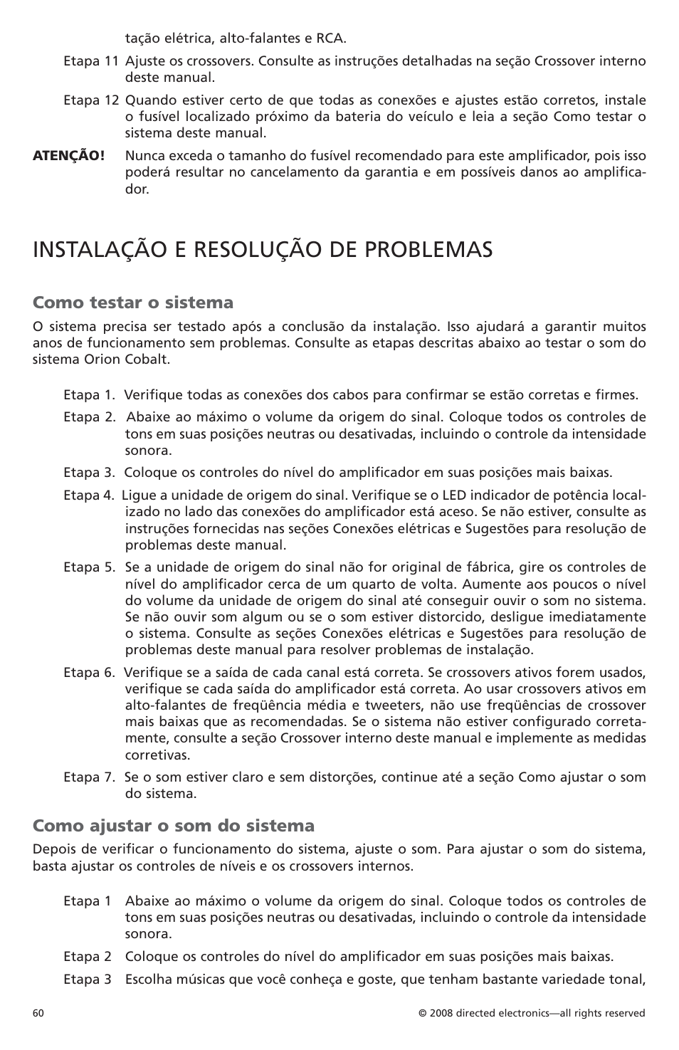 Instalação e resolução de problemas, Como testar o sistema, Como ajustar o som do sistema | Orion Car Audio CO6004 User Manual | Page 61 / 66