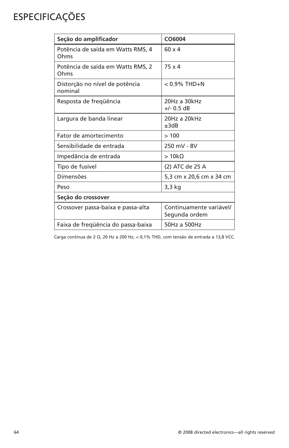 Especificações | Orion Car Audio CO6004 User Manual | Page 65 / 66