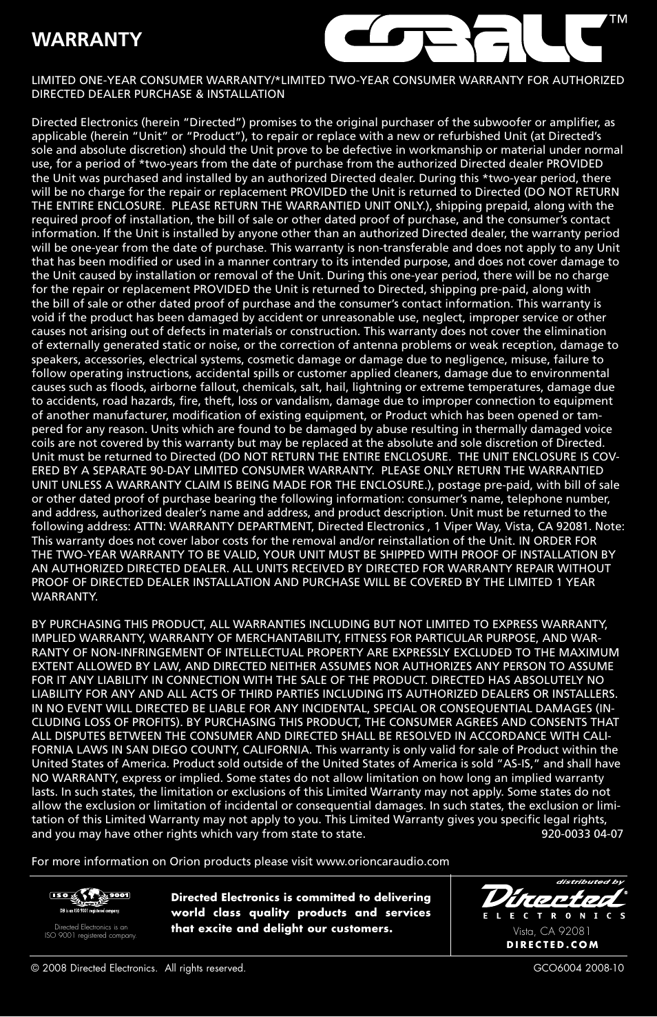 Warranty | Orion Car Audio CO6004 User Manual | Page 66 / 66