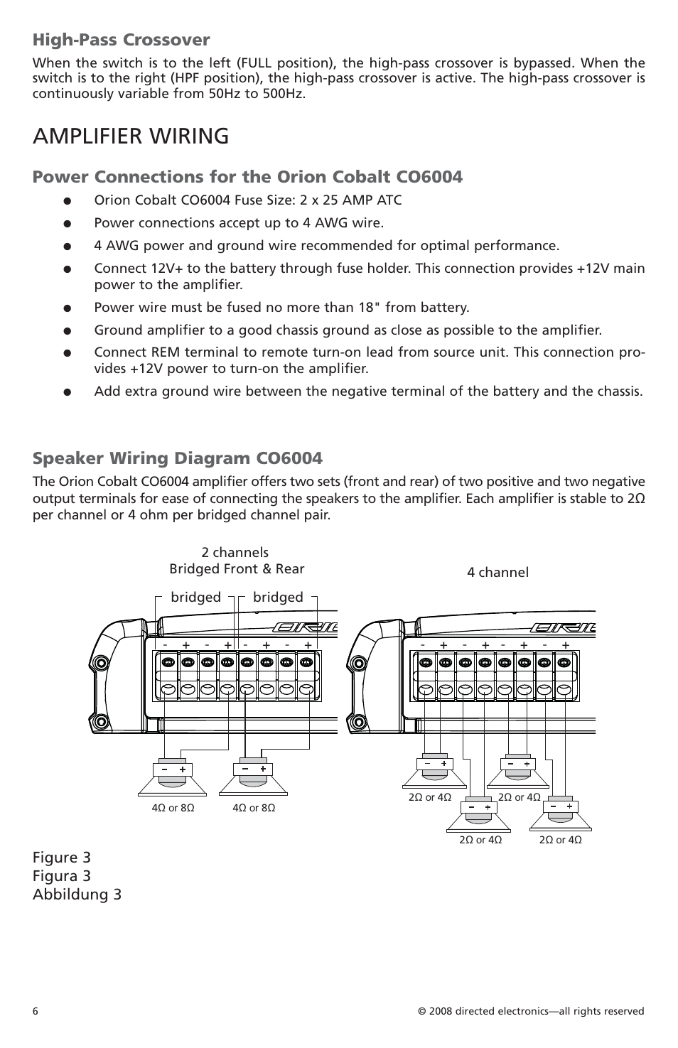Amplifier wiring, High-pass crossover, Power connections for the orion cobalt co6004 | Speaker wiring diagram co6004, Figure 3 figura 3 abbildung 3 | Orion Car Audio CO6004 User Manual | Page 7 / 66