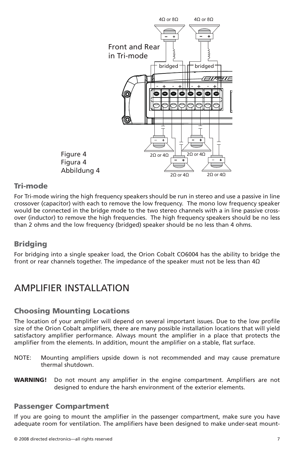 Amplifier installation, Front and rear in tri-mode tri-mode, Bridging | Choosing mounting locations, Passenger compartment | Orion Car Audio CO6004 User Manual | Page 8 / 66