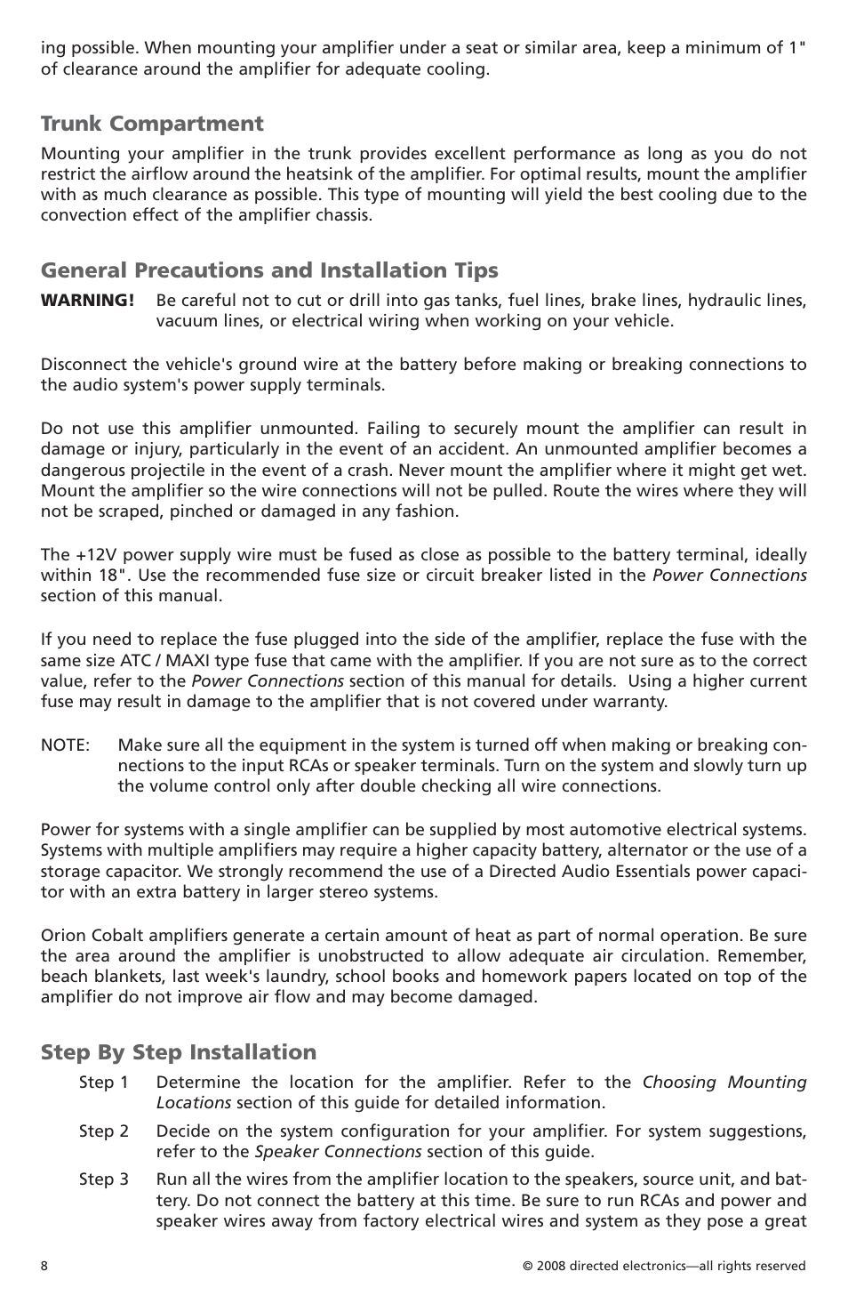 Trunk compartment, General precautions and installation tips, Step by step installation | Orion Car Audio CO6004 User Manual | Page 9 / 66