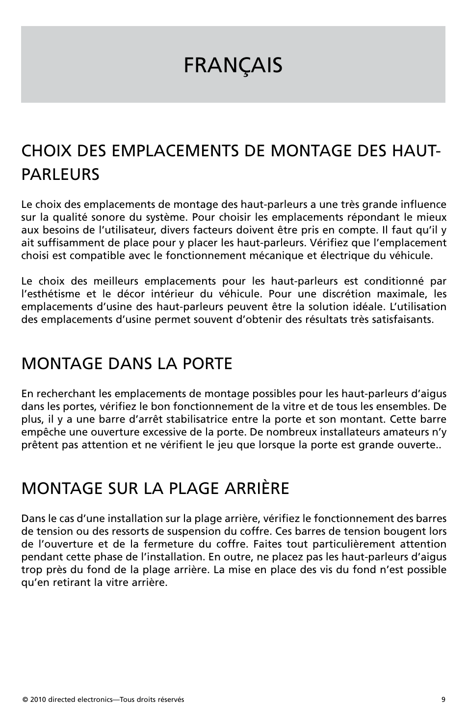 Français, Montage dans la porte, Montage sur la plage arrière | Orion Car Audio HCCA1002 User Manual | Page 10 / 30