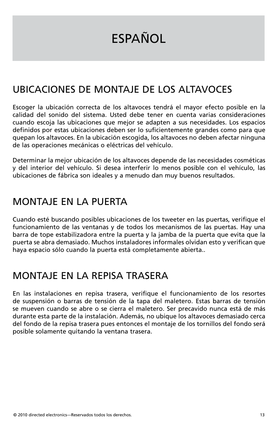 Español, Ubicaciones de montaje de los altavoces, Montaje en la puerta | Montaje en la repisa trasera | Orion Car Audio HCCA1002 User Manual | Page 14 / 30
