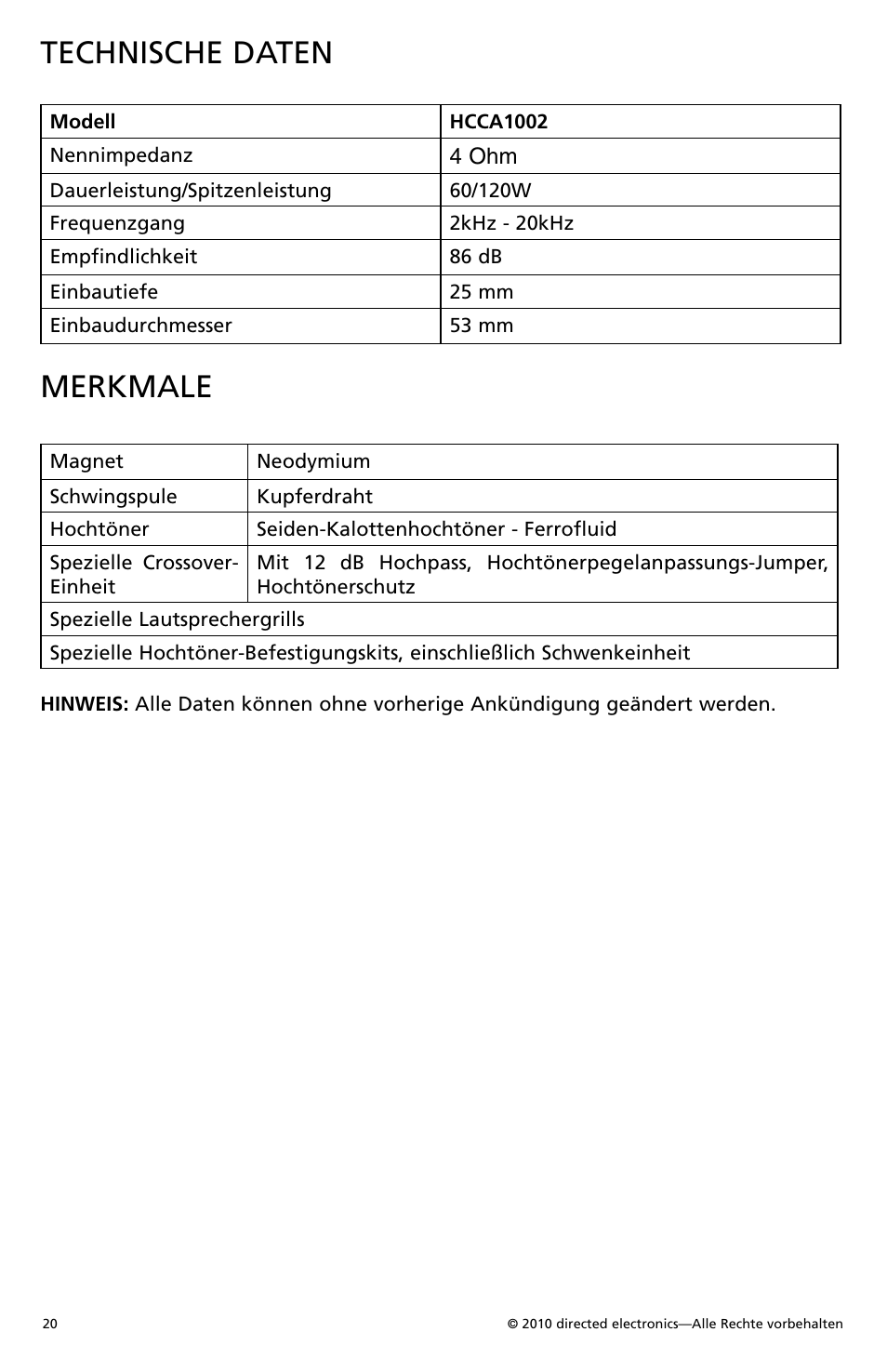 Technische daten, Merkmale, 4 ohm | Orion Car Audio HCCA1002 User Manual | Page 21 / 30