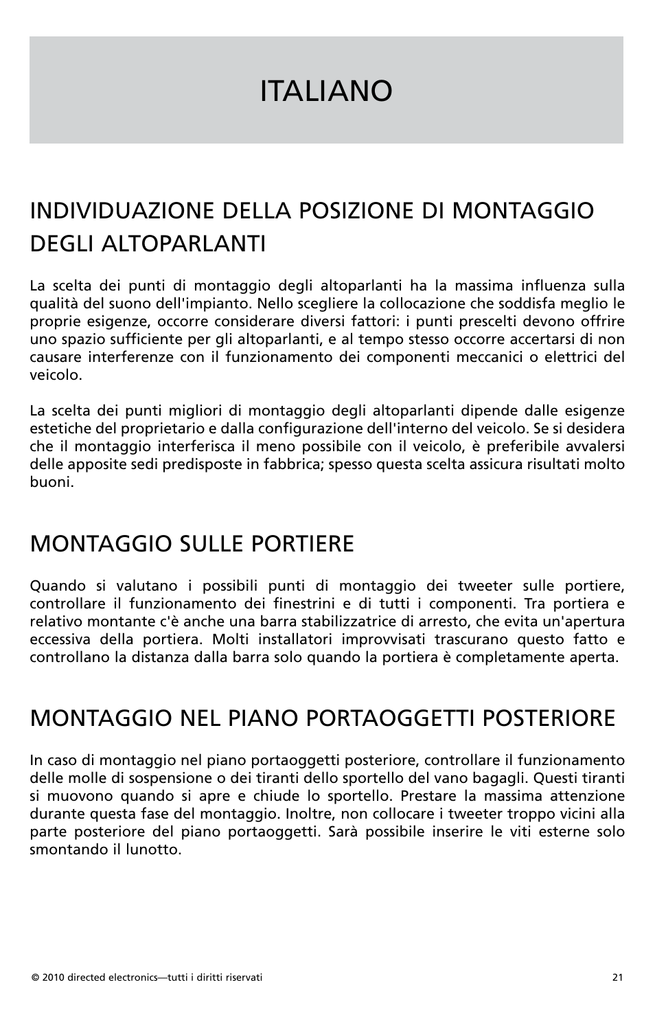 Italiano, Montaggio sulle portiere, Montaggio nel piano portaoggetti posteriore | Orion Car Audio HCCA1002 User Manual | Page 22 / 30