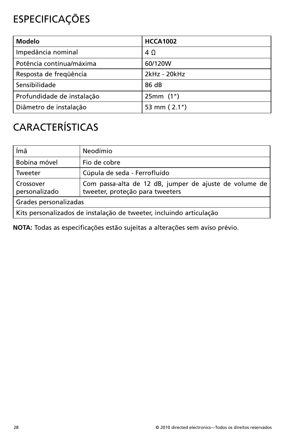 Especificações, Características | Orion Car Audio HCCA1002 User Manual | Page 29 / 30