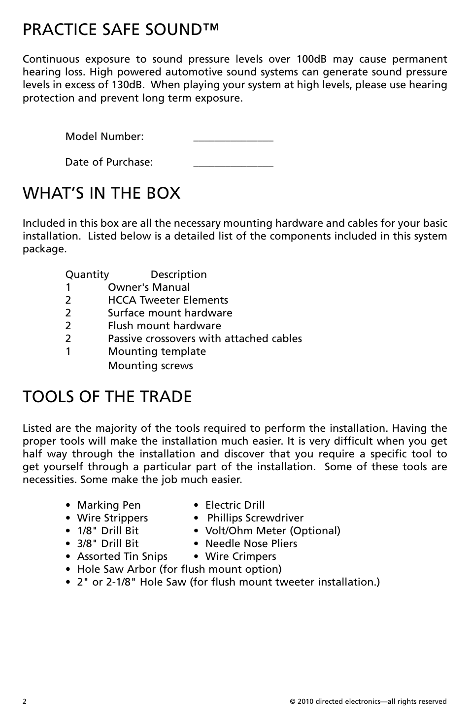 Practice safe sound, What’s in the box, Tools of the trade | Orion Car Audio HCCA1002 User Manual | Page 3 / 30