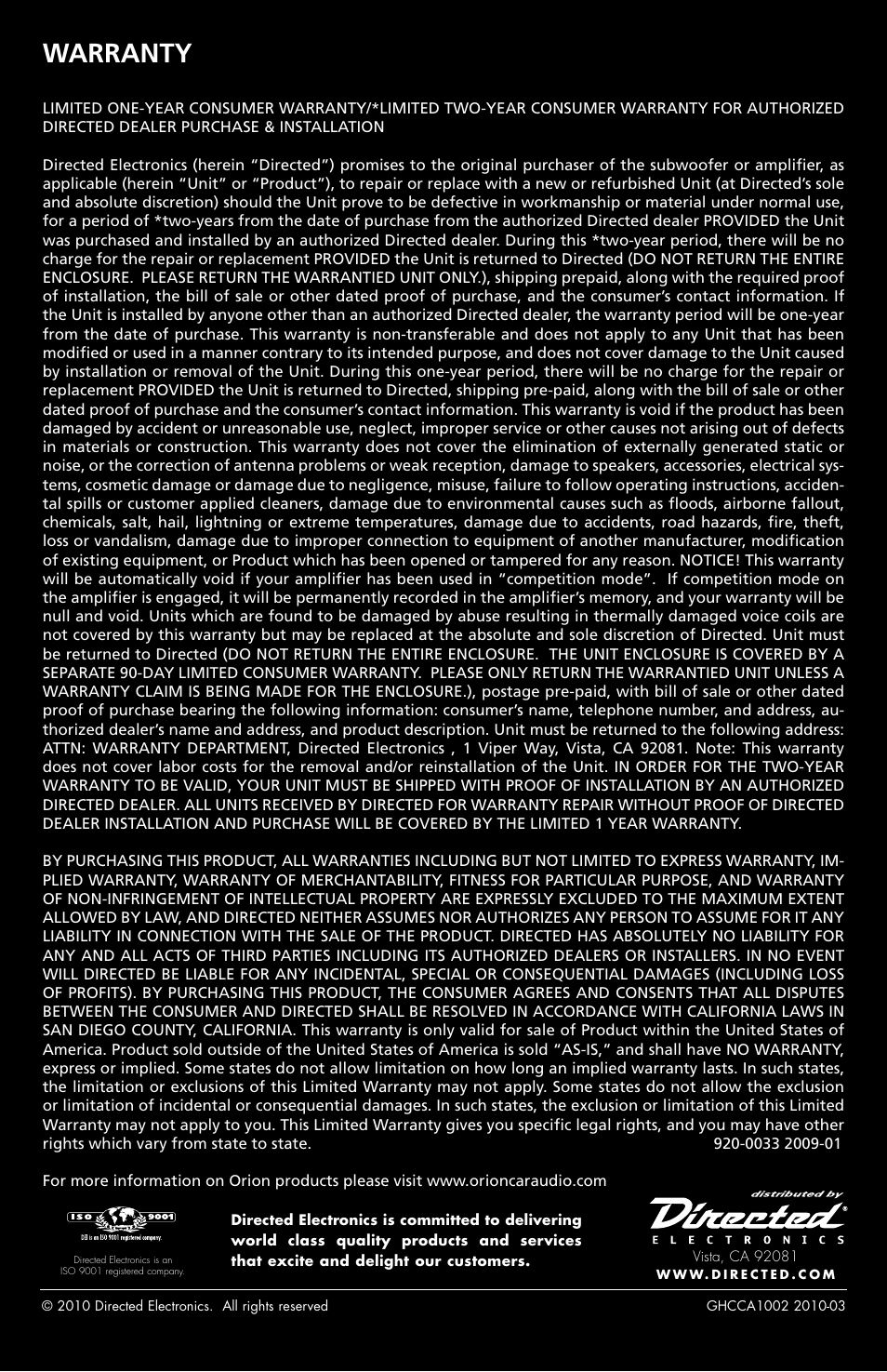 Warranty | Orion Car Audio HCCA1002 User Manual | Page 30 / 30