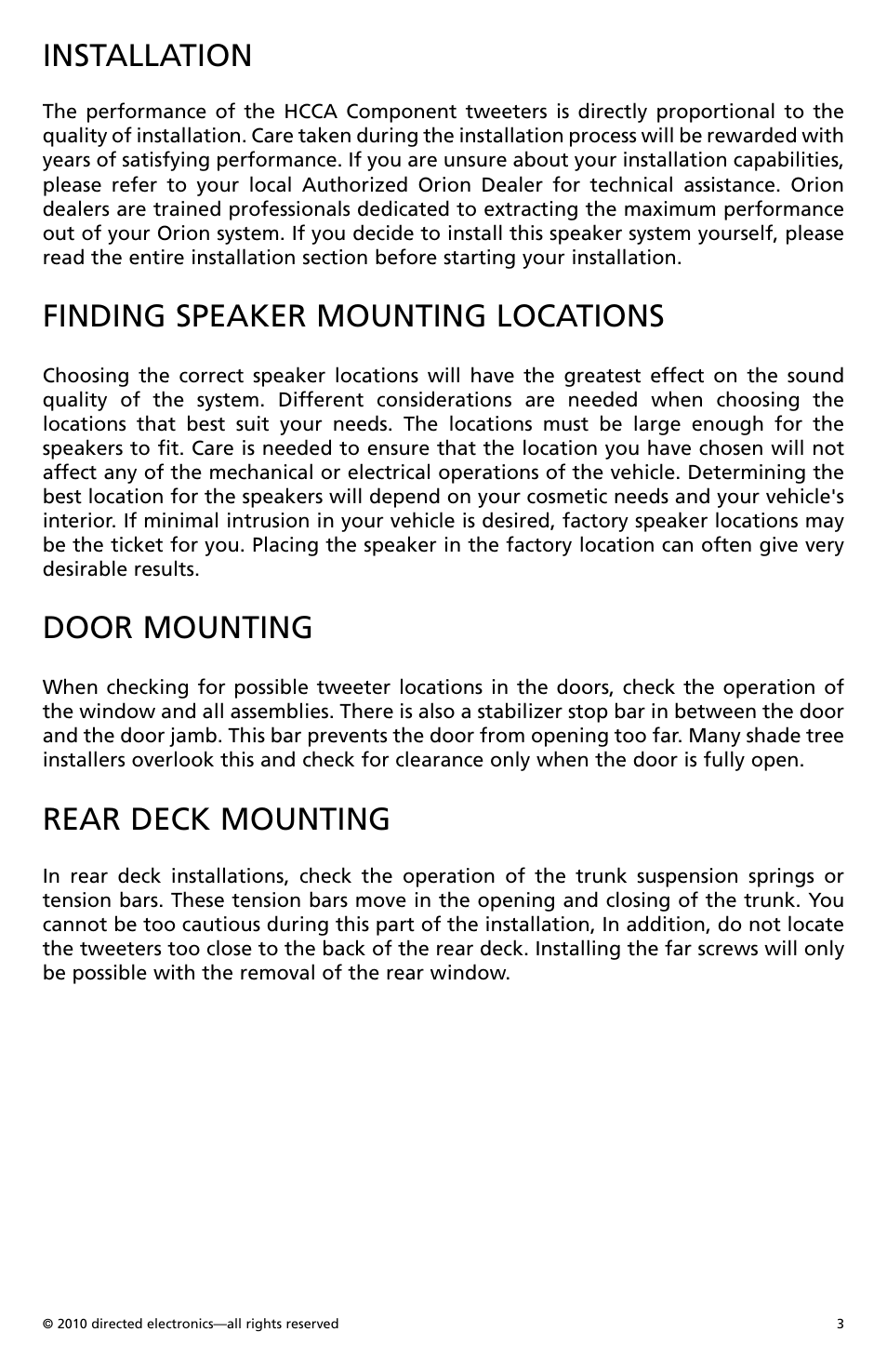 Installation, Finding speaker mounting locations, Door mounting | Rear deck mounting | Orion Car Audio HCCA1002 User Manual | Page 4 / 30