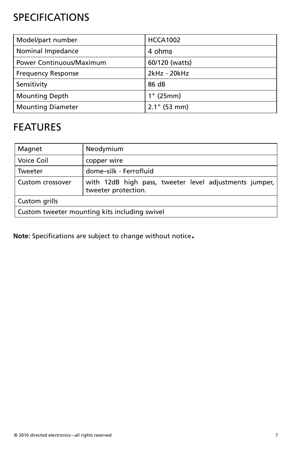 Specifications, Features | Orion Car Audio HCCA1002 User Manual | Page 8 / 30