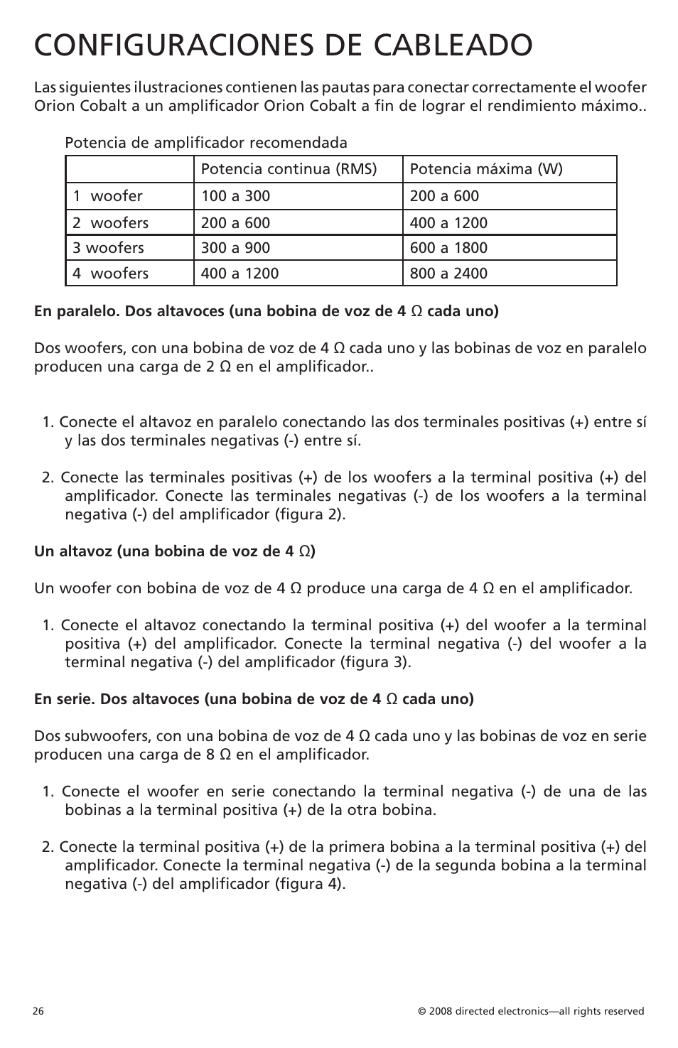 Configuraciones de cableado | Orion Car Audio Cobalt CO104S User Manual | Page 27 / 57