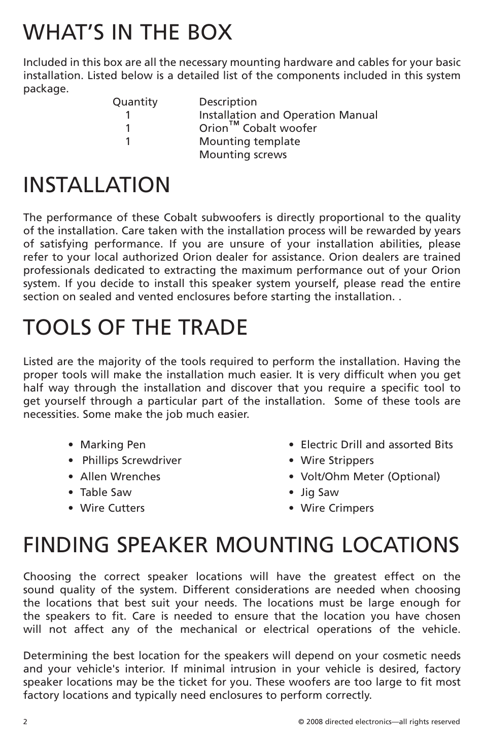 What’s in the box, Installation, Tools of the trade | Finding speaker mounting locations | Orion Car Audio Cobalt CO104S User Manual | Page 3 / 57