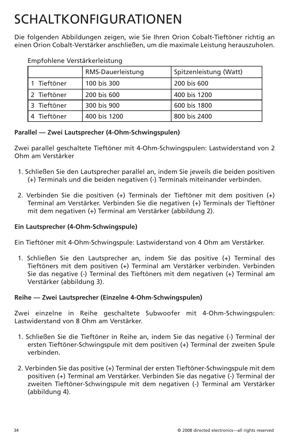 Schaltkonfigurationen | Orion Car Audio Cobalt CO104S User Manual | Page 35 / 57