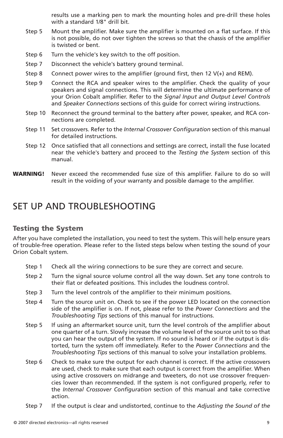 Set up and troubleshooting, Testing the system | Orion Car Audio CO500.1 User Manual | Page 10 / 66