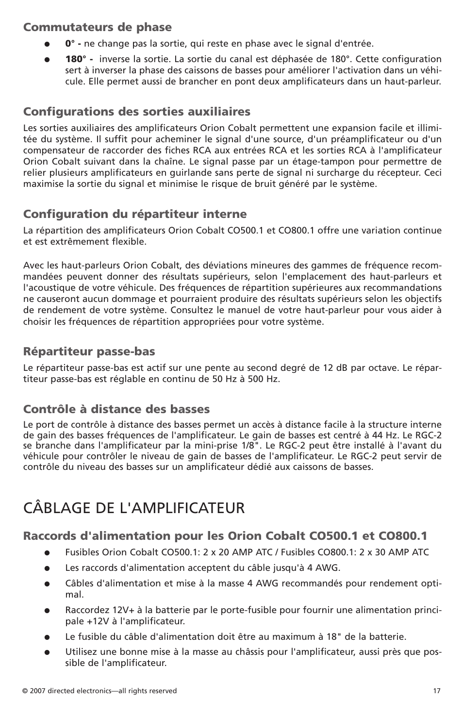 Câblage de l'amplificateur, Commutateurs de phase, Configurations des sorties auxiliaires | Configuration du répartiteur interne, Répartiteur passe-bas, Contrôle à distance des basses | Orion Car Audio CO500.1 User Manual | Page 18 / 66